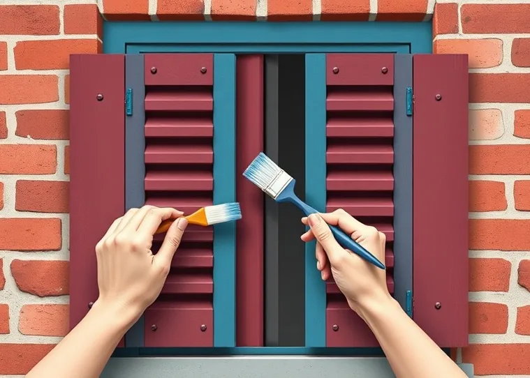 Mise en peinture au pinceau de volets et d'encadrements en bois