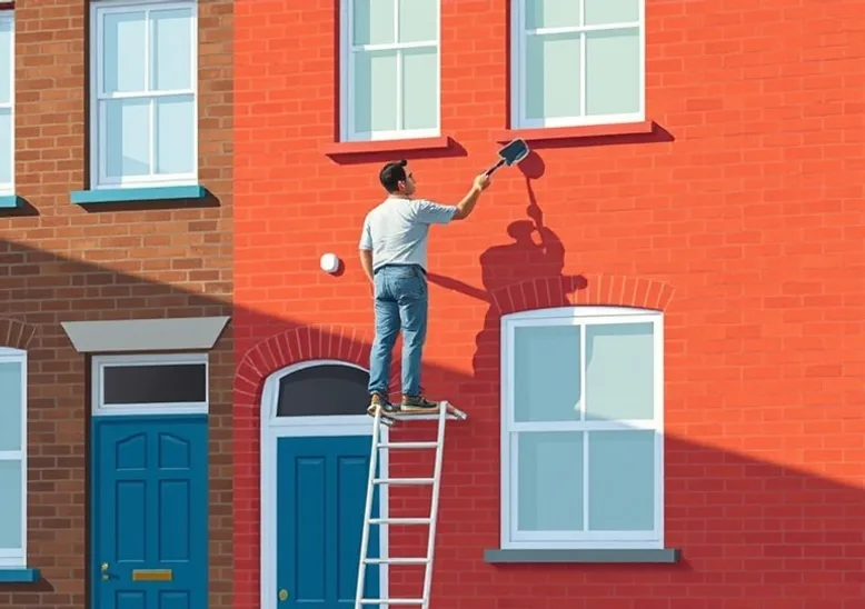 Peintre sur échafaudage traitant la façade d'une maison